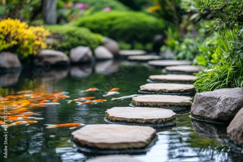 Zen garden path made of stone steps crossing pond with reflections