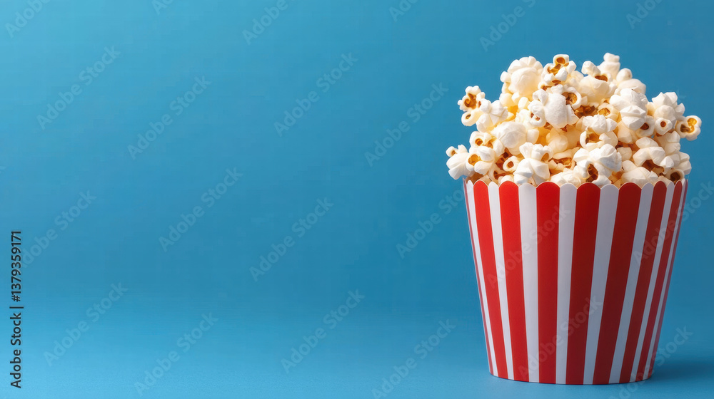 Tasty popcorn in striped container, perfect for movie nights or snacks, evokes sense of fun and enjoyment Tasty popcorn in striped container, perfect for movie nights or snacks, evokes sense of fun and enjoyment