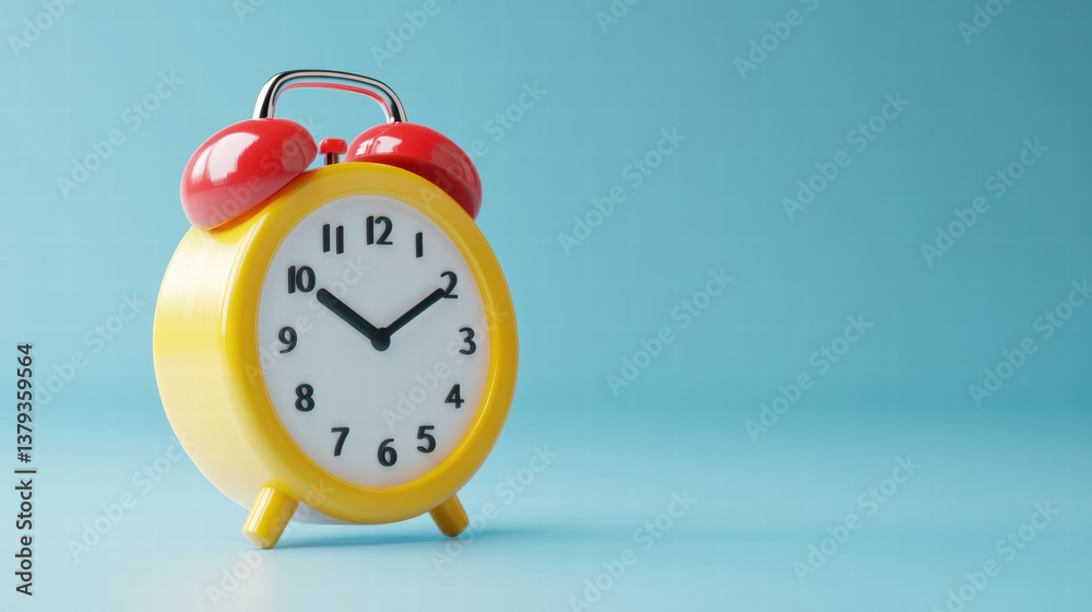 Bright yellow alarm clock with red bells, symbolizing time management and punctuality, set against soft blue background Bright yellow alarm clock with red bells, symbolizing time management and punctuality, set against soft blue background