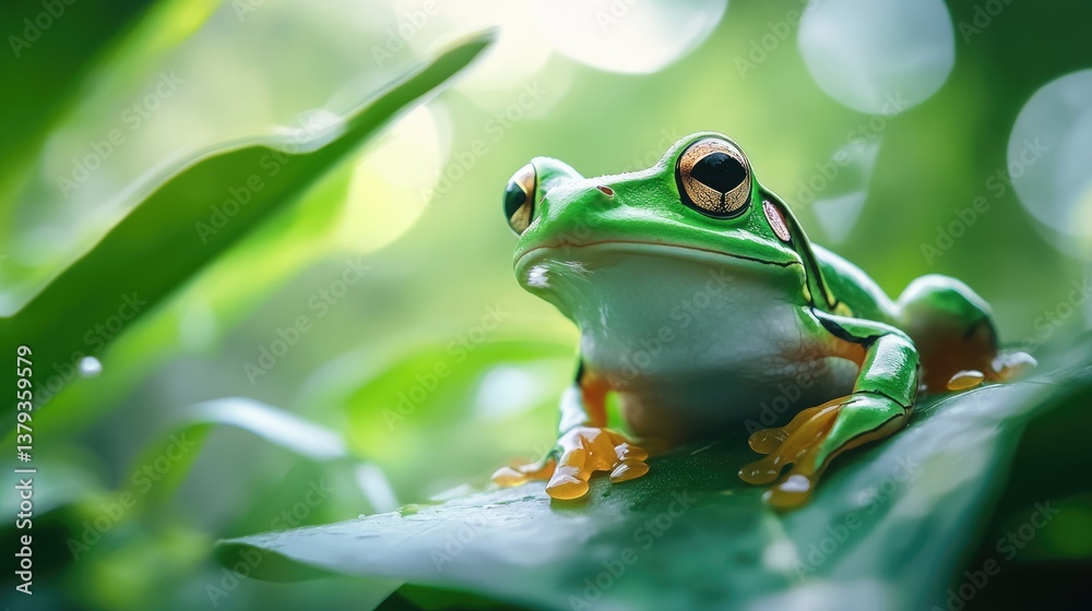 Green Tree Frog Sitting on Leaf with Blurred Nature Background Green Tree Frog Sitting on Leaf with Blurred Nature Background