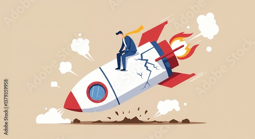 Businessman riding on a damaged rocket symbolizing business failure and crisis