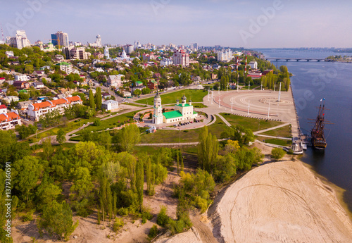 Vászonkép Aerial view of Admiralty square of Voronezh with Assumption Church and Ship Museum on background with modern cityscape, Russia