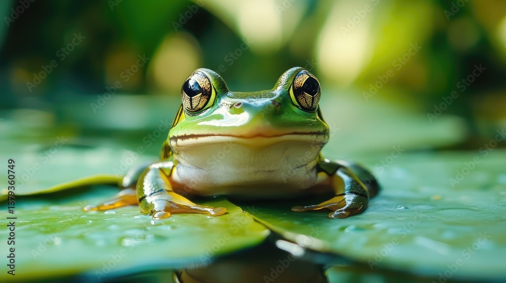 Green Tree Frog Portrait on Lily Pad Eye Level Close Up Green Tree Frog Portrait on Lily Pad Eye Level Close Up
