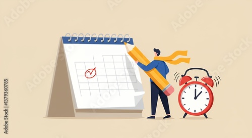 Man marks calendar with pencil near alarm clock scheduling important date