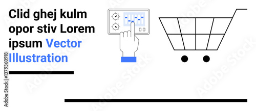 Hand interacting with a control panel beside a simple shopping cart. Ideal for online shopping, retail solutions, user interface, automation, digital tools, e-commerce, simple landing page