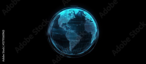 Glowing digital Earth, continents outlined in cyan light against a black background