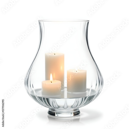 A transparent glass vase filled with water and floating candles, representing elegant home decor and relaxation, realistic detail on white background.
