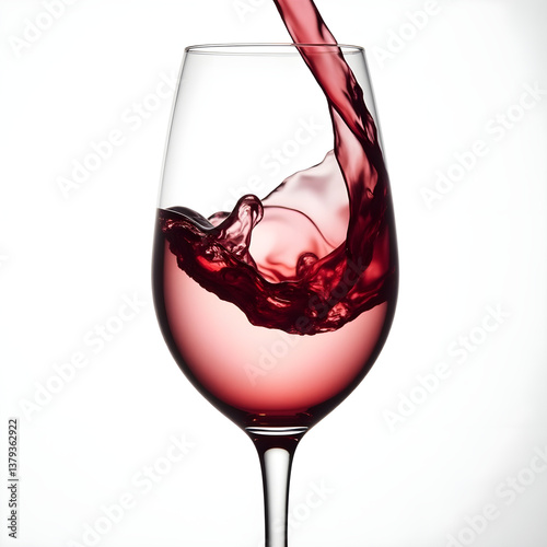  A sleek, transparent wine glass with deep red wine swirling inside, symbolizing sophistication and fine dining, realistic detail on white background.

