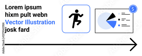 Running figure icon, pie chart, financial indicator, arrow direction signifying progress, text. Ideal for analytics, success tracking, marketing, strategy goal setting finance simple landing page