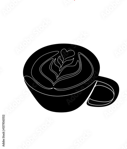 Sillhouette cup of latte one line vector illustration,cup of coffe sillhouette design vector,coffe cup latte vector on black background 