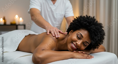 Serene bliss: A Black woman enjoys a rejuvenating back massage in a tranquil spa setting, bathed in soft candlelight.