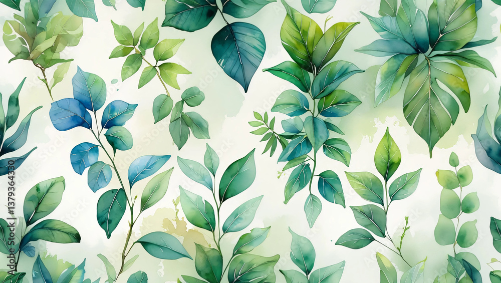 Fototapeta premium Green Leaves Watercolor Pattern