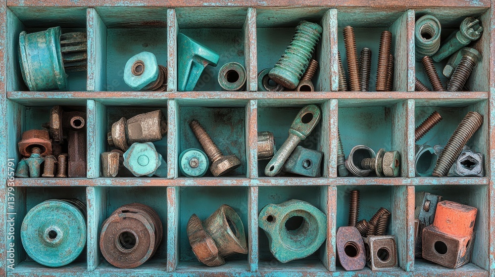 Fototapeta premium An array of construction fasteners, including screws, nails, and bolts, stored in a divided case.