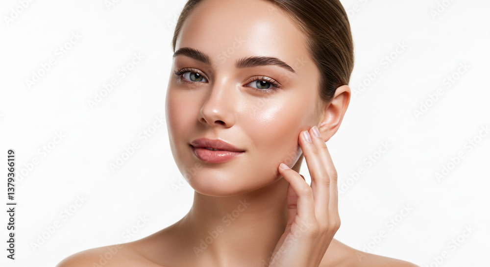 Radiant young woman gently touching her flawless skin, a portrait of natural beauty and glowing complexion against a bright white background. Radiant young woman gently touching her flawless skin, a portrait of natural beauty and glowing complexion against a bright white background.