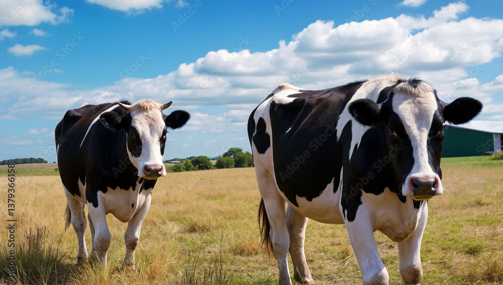 Two Black and White Holstein Cows Grazing in a Green Pasture Under a Blue Sky with White Clouds Two Black and White Holstein Cows Grazing in a Green Pasture Under a Blue Sky with White Clouds