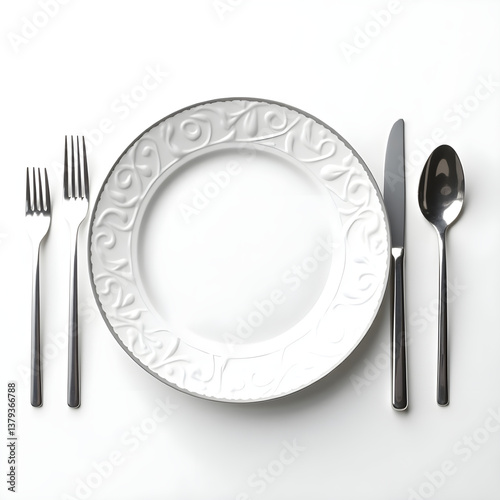 A glossy white ceramic dinner plate with neatly arranged silverware, symbolizing fine dining and home kitchen essentials, realistic detail on white background.