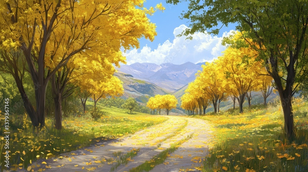 Fototapeta premium Scenic Autumn Pathway Through Golden Trees in Serene Landscape