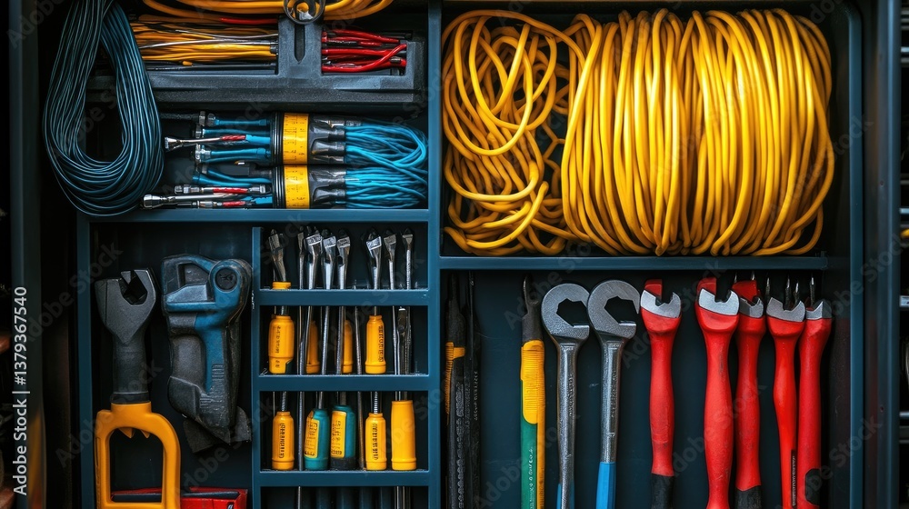 An organized toolbox featuring screwdrivers, wrenches, and a variety of insulated electrician tools.