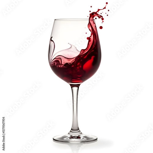  A sleek, transparent wine glass with deep red wine swirling inside, symbolizing sophistication and fine dining, realistic detail on white background.

