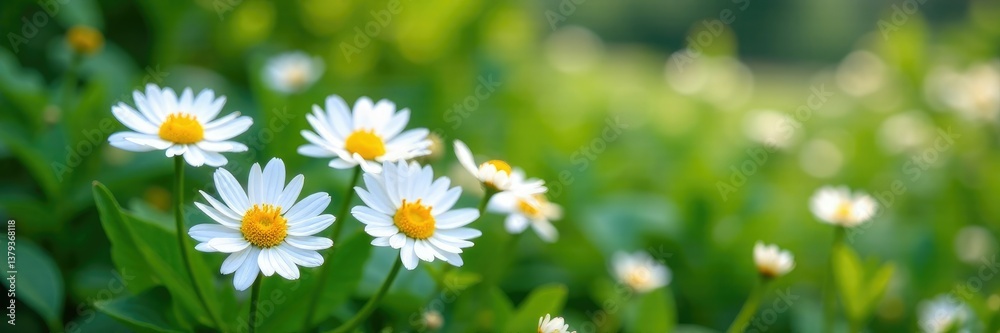 Fototapeta premium White flowers with yellow centers in a garden among greenery, garden, foliage