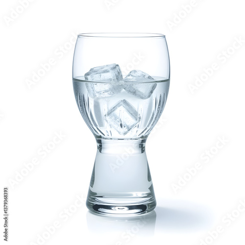  A transparent drinking glass filled with sparkling water and ice cubes, symbolizing hydration and refreshment, realistic detail on white background.