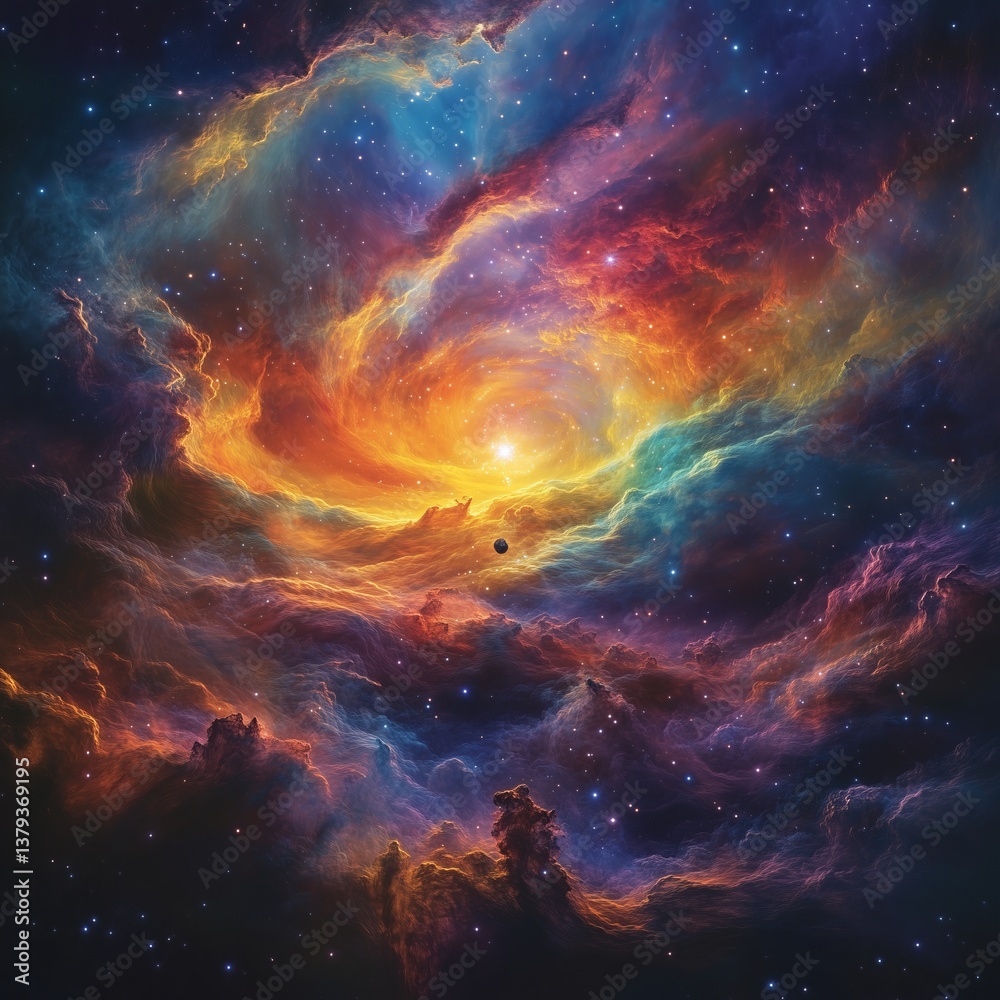 Fototapeta premium Celestial Genesis: Lone Spacecraft Exploring Vibrant Stellar Nurseries in Cosmic Nebula (4K Ultra-Detailed Space Art)