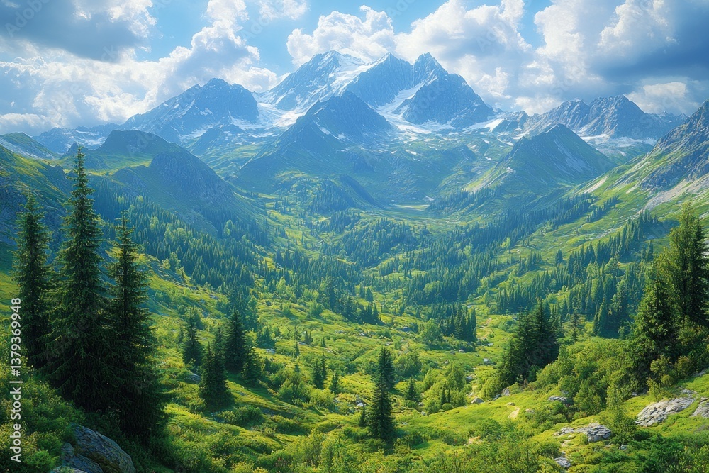 Fototapeta premium Breathtaking Mountain Landscape with Lush Vegetation and Pine Trees in Caucasus Mountains Russia Summer Wilderness