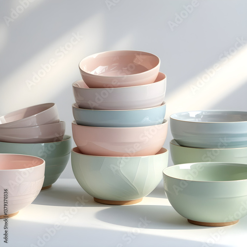  A neatly stacked collection of pastel-colored ceramic bowls, symbolizing stylish tableware and home decor, realistic detail on white background.