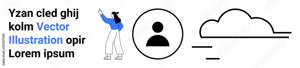 Female character gesturing beside user profile icon and minimalistic cloud design. Ideal for teamwork, user profile, weather, abstract concepts, outdoor themes, education, simple landing page Female character gesturing beside user profile icon and minimalistic cloud design. Ideal for teamwork, user profile, weather, abstract concepts, outdoor themes, education, simple landing page