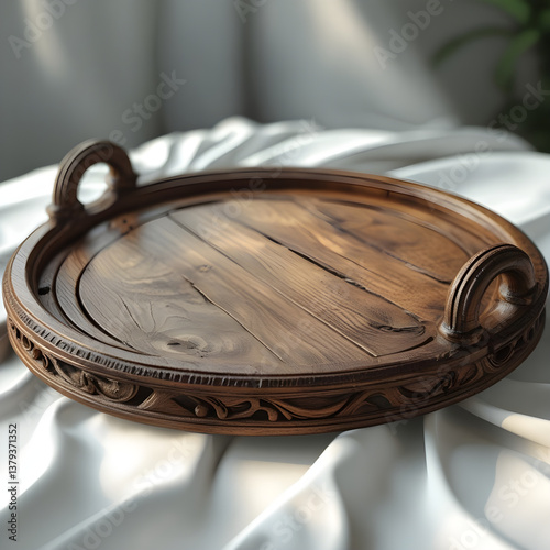 A vintage wooden serving tray with sturdy handles, perfect for breakfast in bed or tea serving, realistic detail on white background.