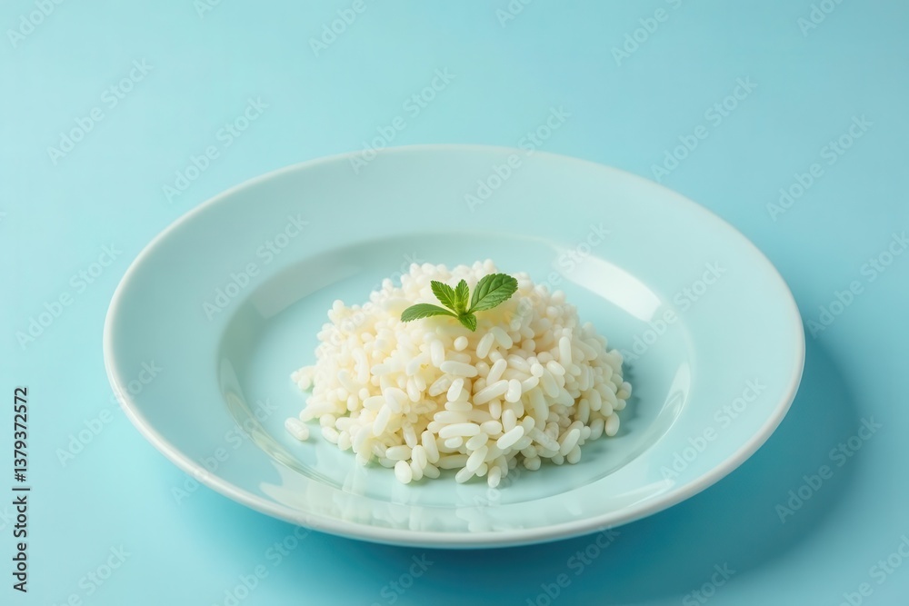A simple serving of freshly cooked white rice garnished with a sprig of fresh herb on a light blue plate against a pastel blue background. A simple serving of freshly cooked white rice garnished with a sprig of fresh herb on a light blue plate against a pastel blue background.