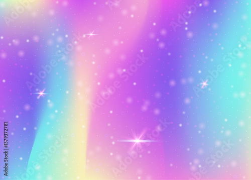 Princess Hologram. Purple Kawaii Invitation. Fairy Pattern. Holographic Colorful Invite. Pink Magical Gradient. Lilac Fantasy Background. Rainbow Glitter. Party Princess Hologram.