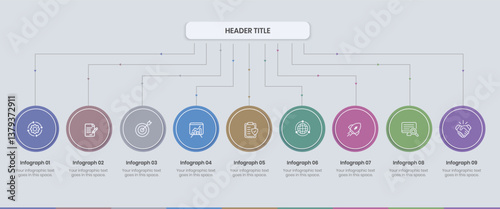 9 Step Infographics Design Template, Graph, Pie chart, workflow layout, circle diagram, SOP presentation slide, Standard Operating Procedure template, Business organization table,  Company structure 
