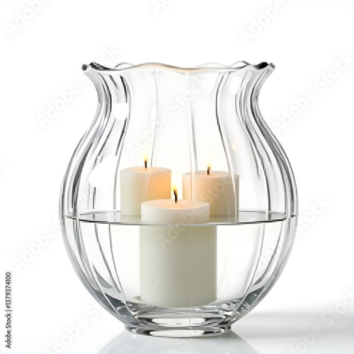 A transparent glass vase filled with water and floating candles, representing elegant home decor and relaxation, realistic detail on white background.