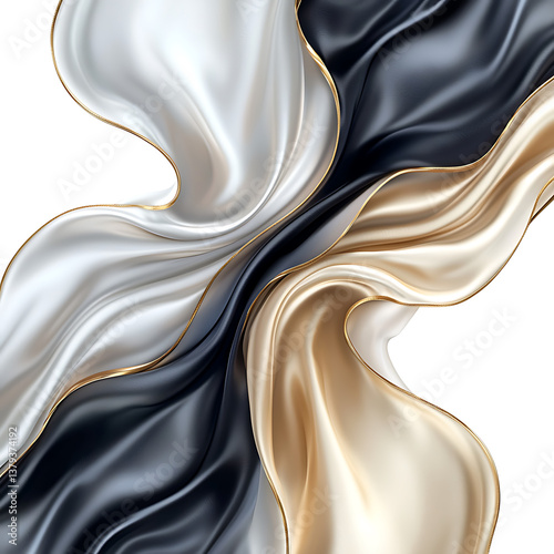 Silken fabrics in shades of white black and gold cascade and swirl creating an elegant and fluid abstract composition.