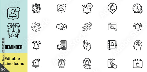 Reminder Line Icons Set - Alarm, Bell, Calendar, Clock, Notification, Organizer, Pixel Perfect Vector