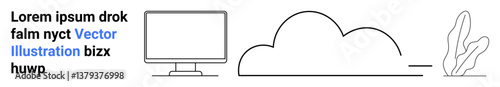 Desktop monitor alongside a cloud shape and abstract plant art. Ideal for technology, cloud computing, minimalism, productivity, web design, education, simple landing page