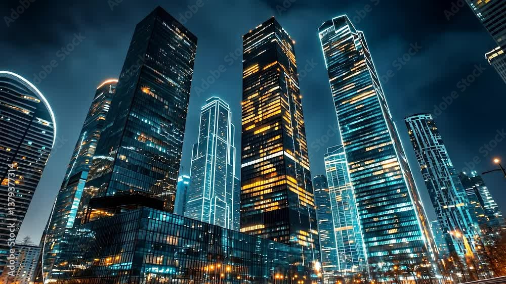 A city at night with tall buildings. A city building in the fog at night. Clouds and lights in the sky over windows. A nighttime city lifestyle featuring skyscrapers.