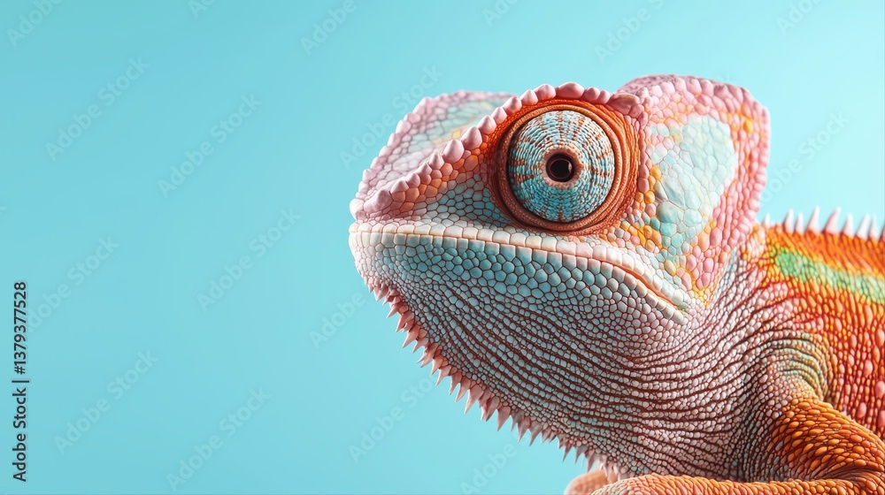 Fototapeta premium Colorful chameleon on blue background close-up