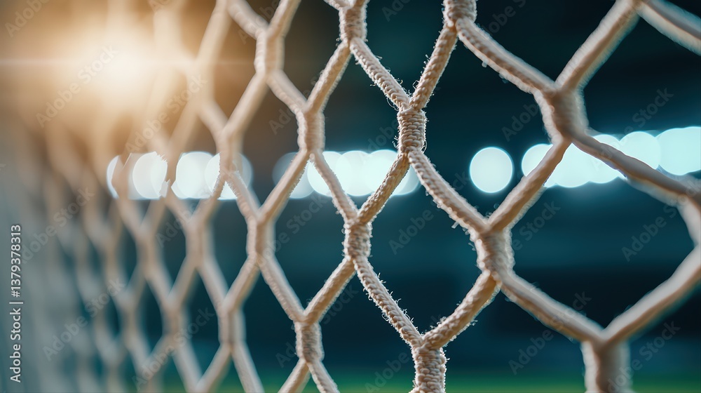 Fototapeta premium Close-up view of soccer goal netting in stadium light