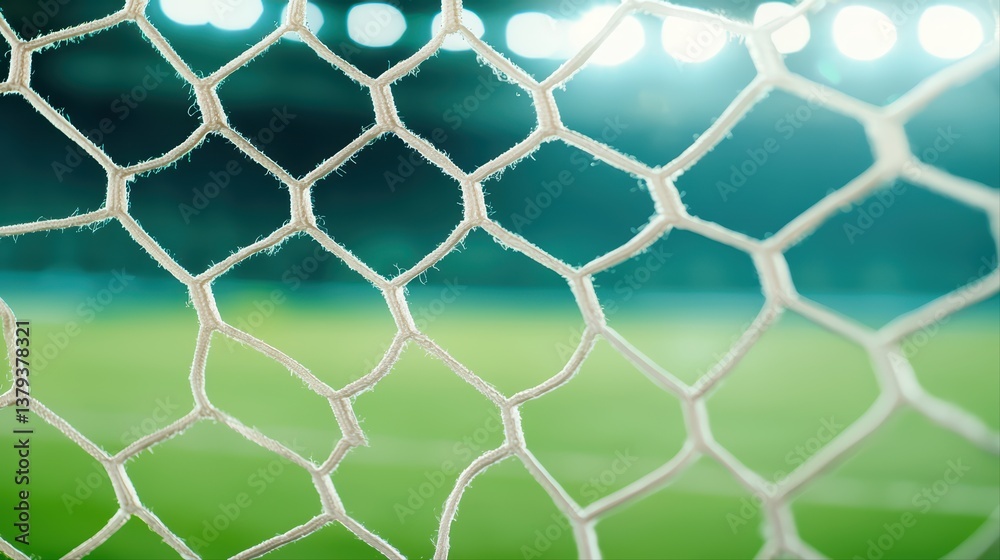 Close-up of soccer goal net with blurred field background Close-up of soccer goal net with blurred field background