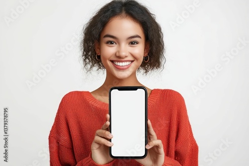 Cheerful Asian woman holding smartphone mockup with blank screen and smiling isolated on white background