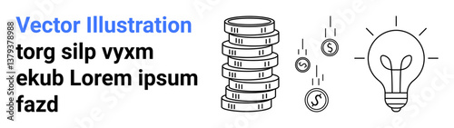 Stacked coins, falling currency, and light bulb symbolize savings, investment, ideas, and innovation. Ideal for finance, economy, creativity entrepreneurship investment startups and a simple
