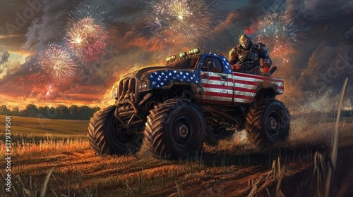 A powerful monster truck adorned with an American flag motif drives through an open field, kicking up dust while a muscular figure in armored gear commands the vehicle. The sky is alive with colorful 