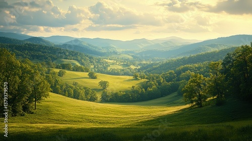 Lush valley panorama, golden light, Appalachian mountains