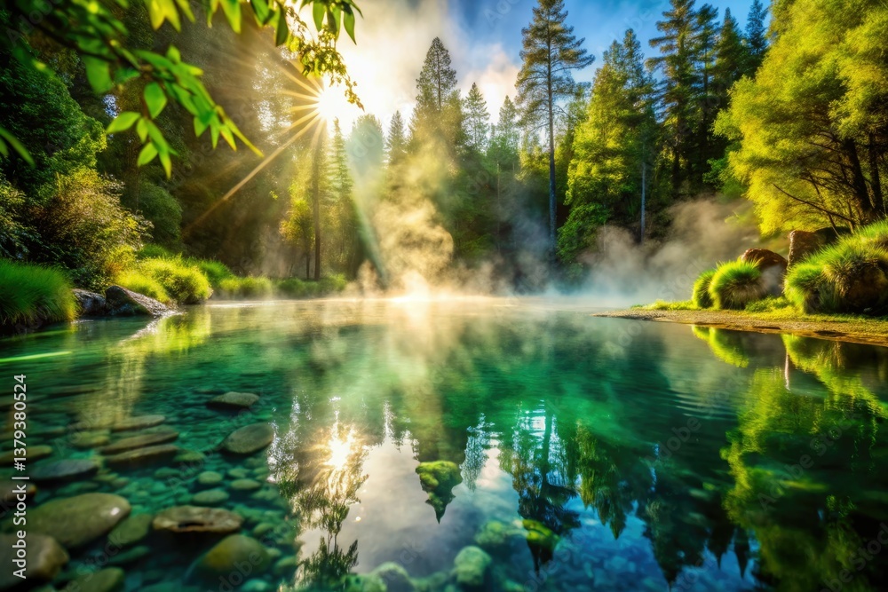 Serene Geothermal Pool in Lush Forest: Stunning Bokeh Photography, Relaxing Hot Springs, Nature Escape Serene Geothermal Pool in Lush Forest: Stunning Bokeh Photography, Relaxing Hot Springs, Nature Escape