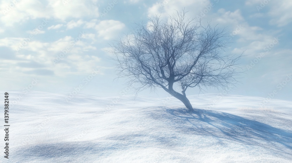 Fototapeta premium Solitary Tree on Snowy Landscape Under Soft Blue Sky