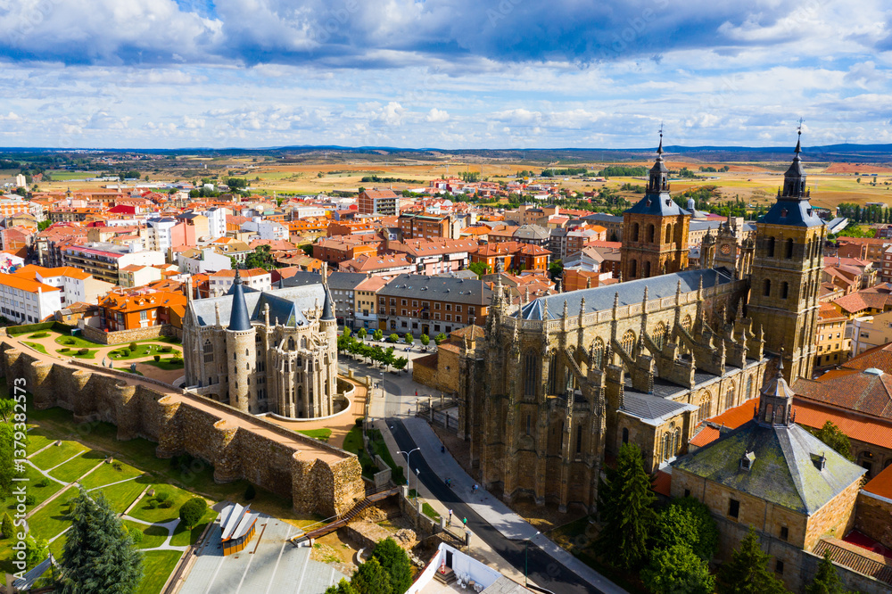 Fototapeta premium Aerial view of colorful Astorga cityscape with ancient Cathedral and Episcopal Palace, Spain
