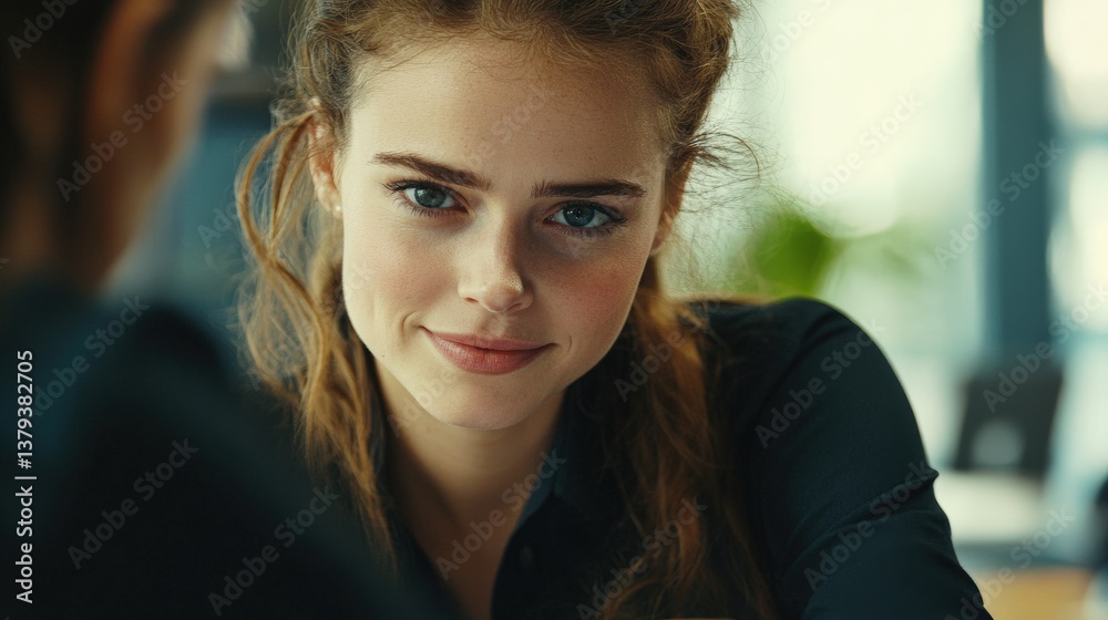 A woman gazes thoughtfully with her head held high A woman gazes thoughtfully with her head held high