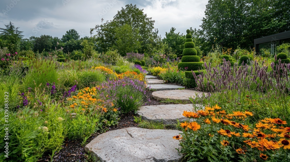 Obraz premium Colorful garden path with topiary and flowers under cloudy sky